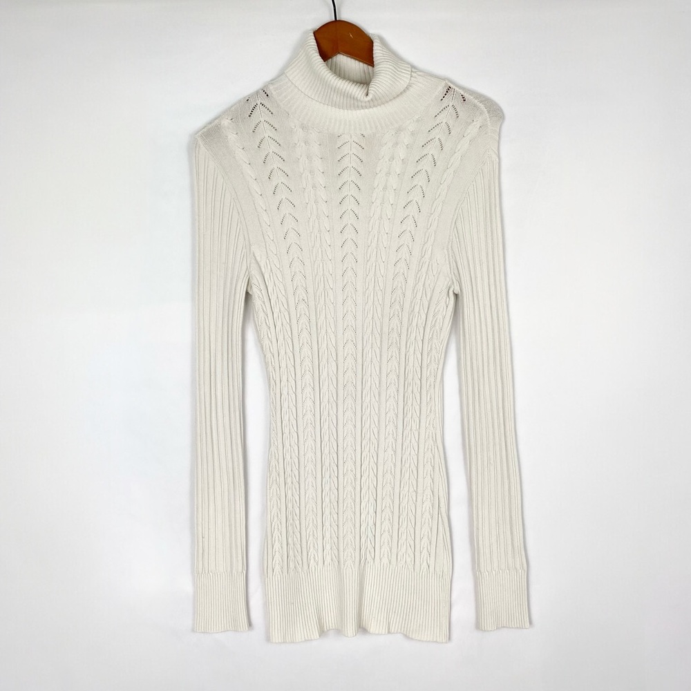 Bebe Vintage Turtleneck Cable Knit Ivory‎ Ribbed Knit Sweater Top Size Medium